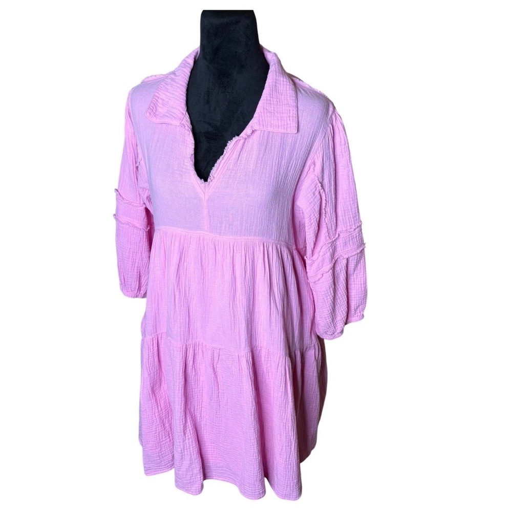 &merci Pink Cotton Gauze Tiered Mini Dress V-Neck Raw Edge 3/4 Sleeve Medium